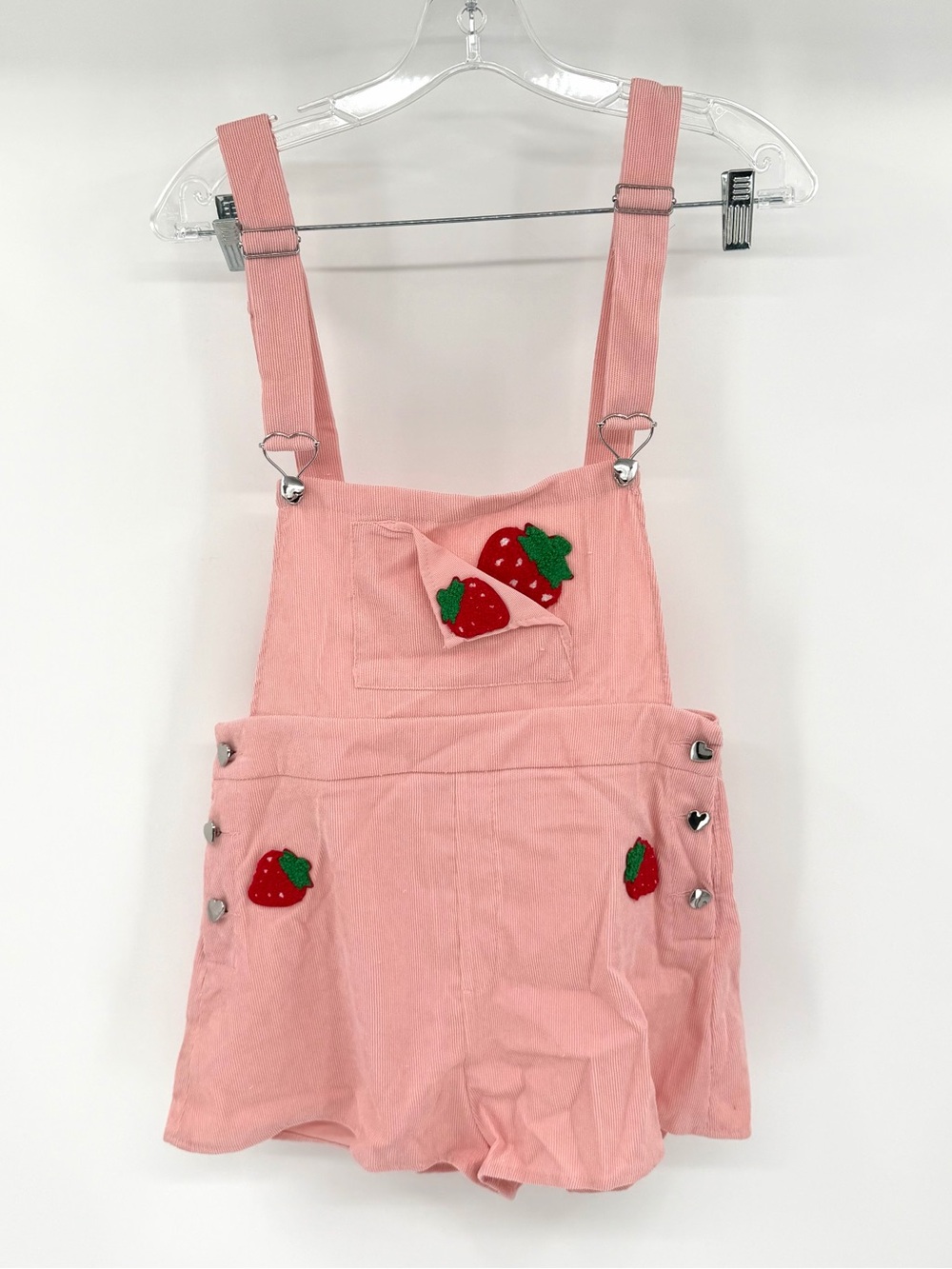 NEW SHEIN Mod Pink Corduroy Overall Shorts with Strawberries
